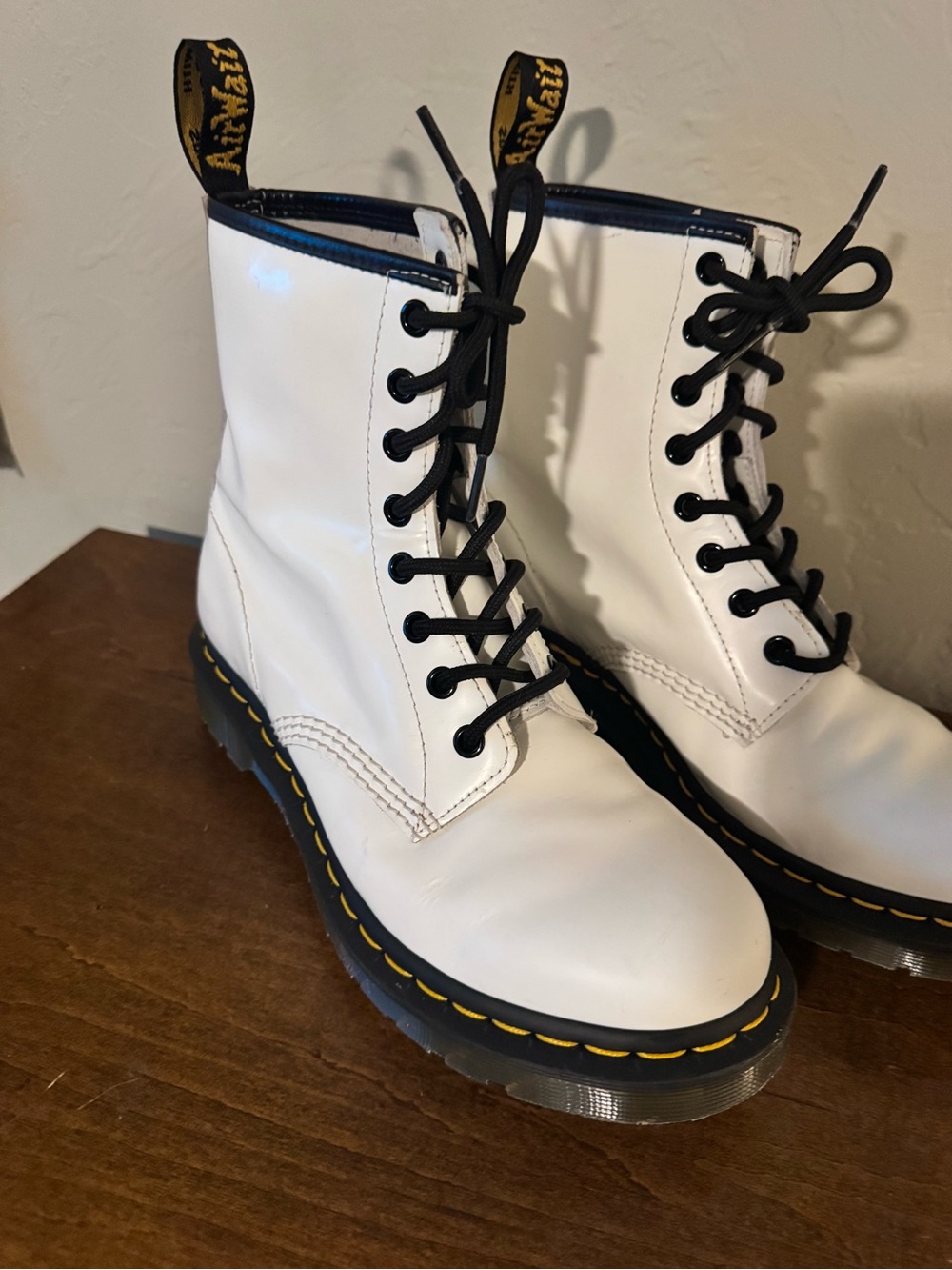 Dr. Martens White Lace-Up 8-Eye Leather Boots with Yellow Welt Stitching